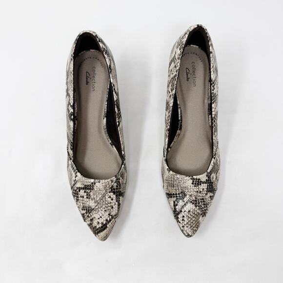 [Clarks] Taupe Snake Print Pointed Toe Low Kitten Heels Comfort Cushioned Sz 10 - Picture 9 of 12